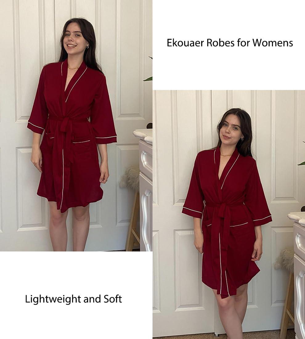 imageEkouaer Women Robes Waffle Knee Length Bathrobe Lightweight Soft Sleepwear V neck 34 Sleeve Casual Ladies Loungewear SXXLWine Red