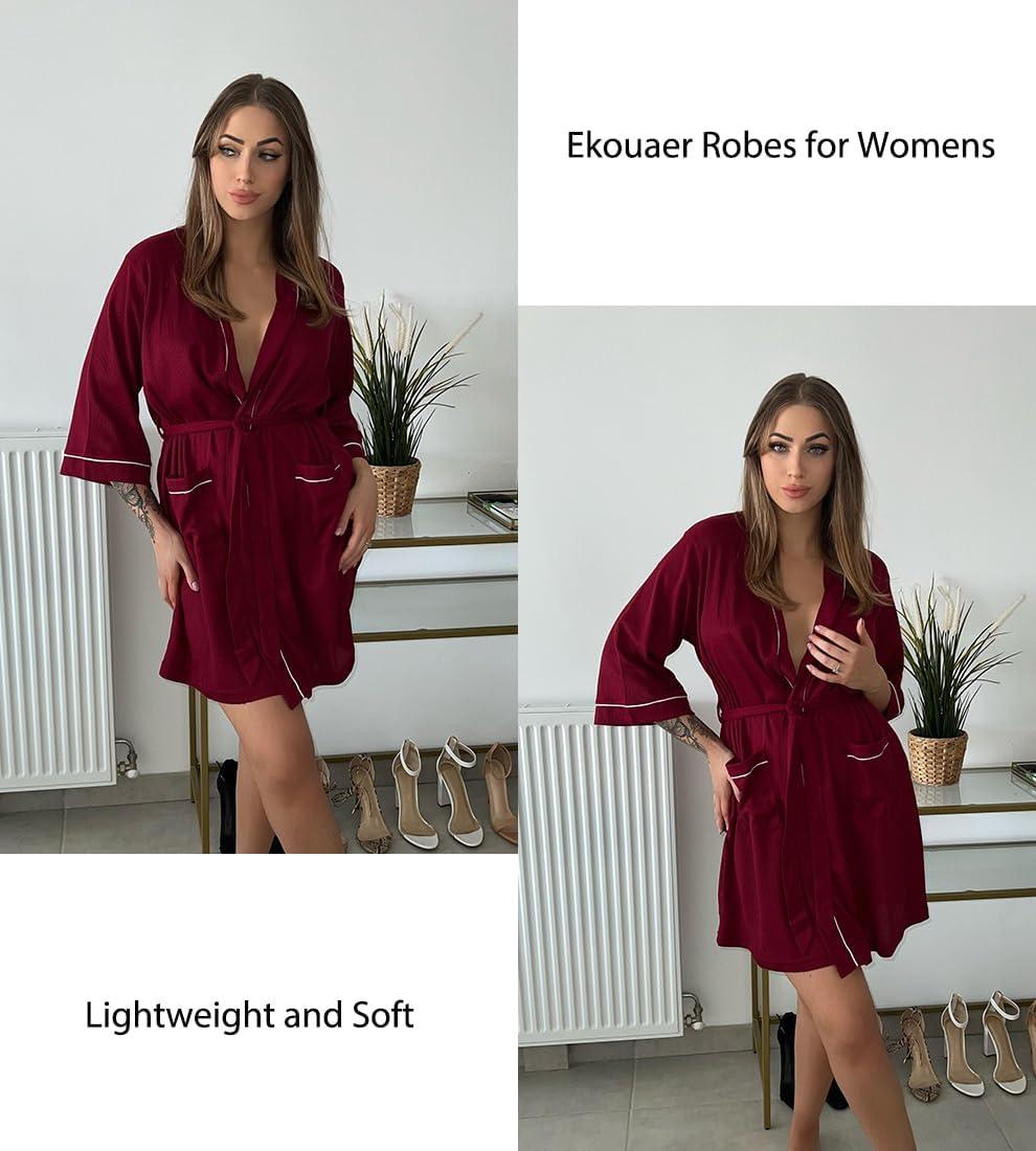 imageEkouaer Women Robes Waffle Knee Length Bathrobe Lightweight Soft Sleepwear V neck 34 Sleeve Casual Ladies Loungewear SXXLWine Red