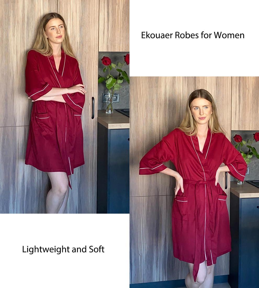 imageEkouaer Women Robes Waffle Knee Length Bathrobe Lightweight Soft Sleepwear V neck 34 Sleeve Casual Ladies Loungewear SXXLWine Red