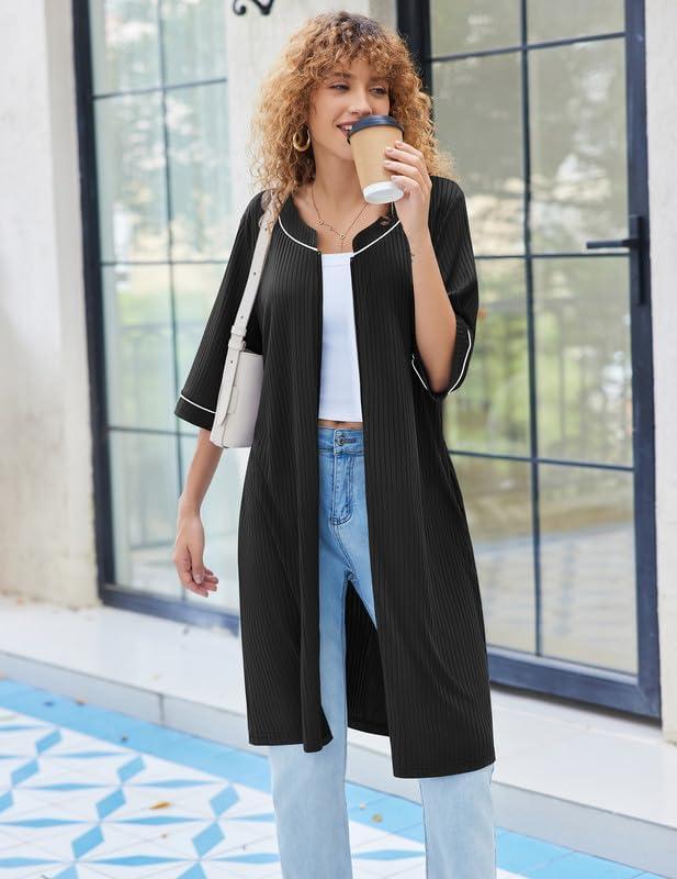 imageEkouaer Women Robes Zipper Front 34 Sleeve Housecoat Zip Up Bathrobes Lightweight Nightgown with Pockets SXXLBlack