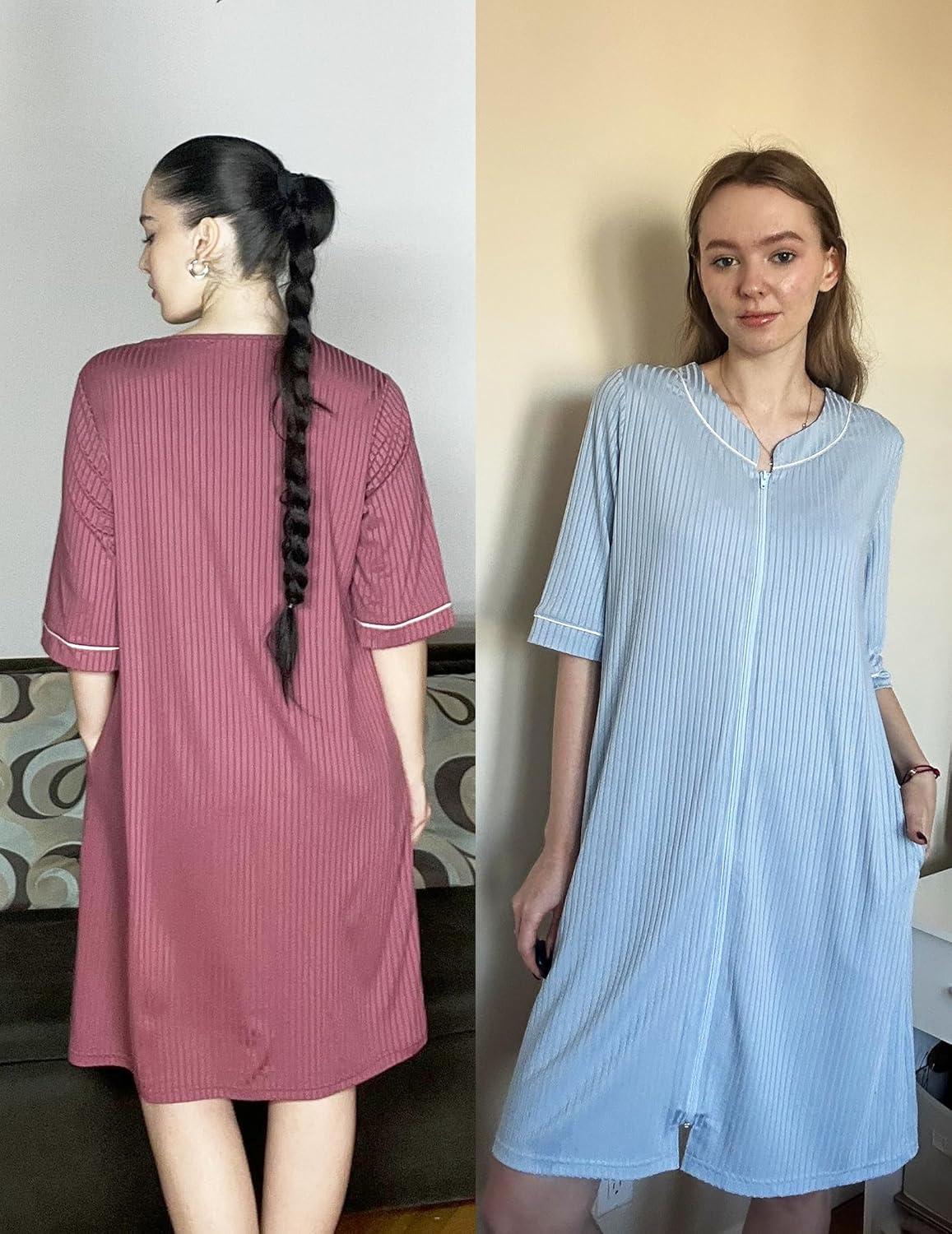 imageEkouaer Women Robes Zipper Front 34 Sleeve Housecoat Zip Up Bathrobes Lightweight Nightgown with Pockets SXXLRoyal Blue