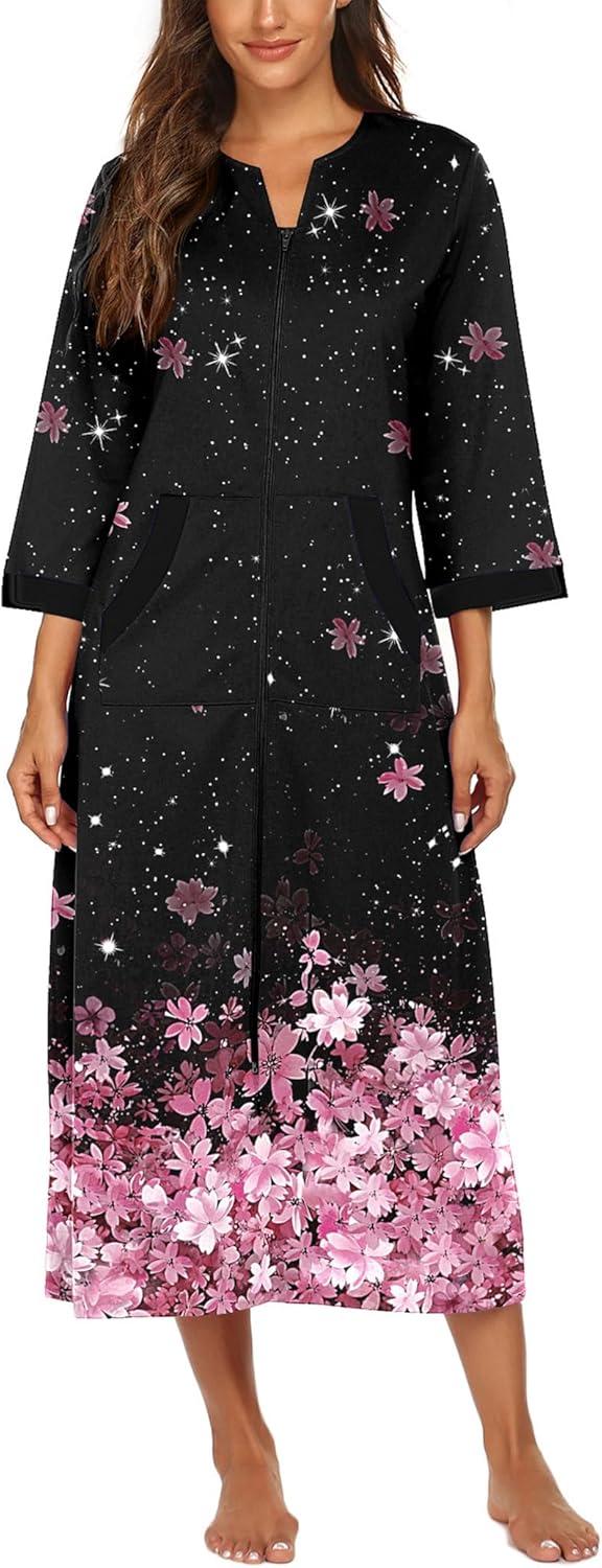 imageEkouaer Women Zipper Robe 34 Sleeves Loungewear Dress Full Length Sleepwear Pockets Housecoat Nightgown Long BathrobeCherry Blossoms