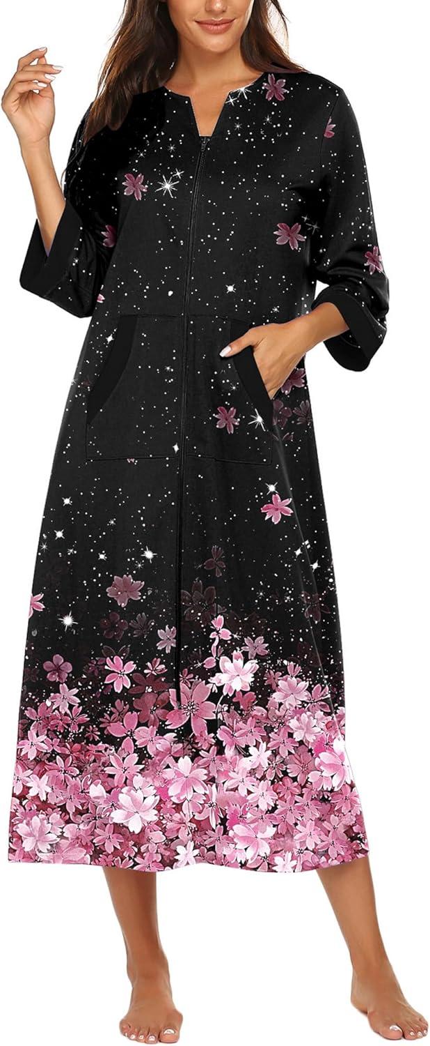 imageEkouaer Women Zipper Robe 34 Sleeves Loungewear Dress Full Length Sleepwear Pockets Housecoat Nightgown Long BathrobeCherry Blossoms