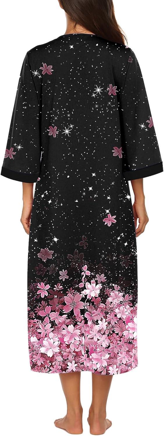 imageEkouaer Women Zipper Robe 34 Sleeves Loungewear Dress Full Length Sleepwear Pockets Housecoat Nightgown Long BathrobeCherry Blossoms
