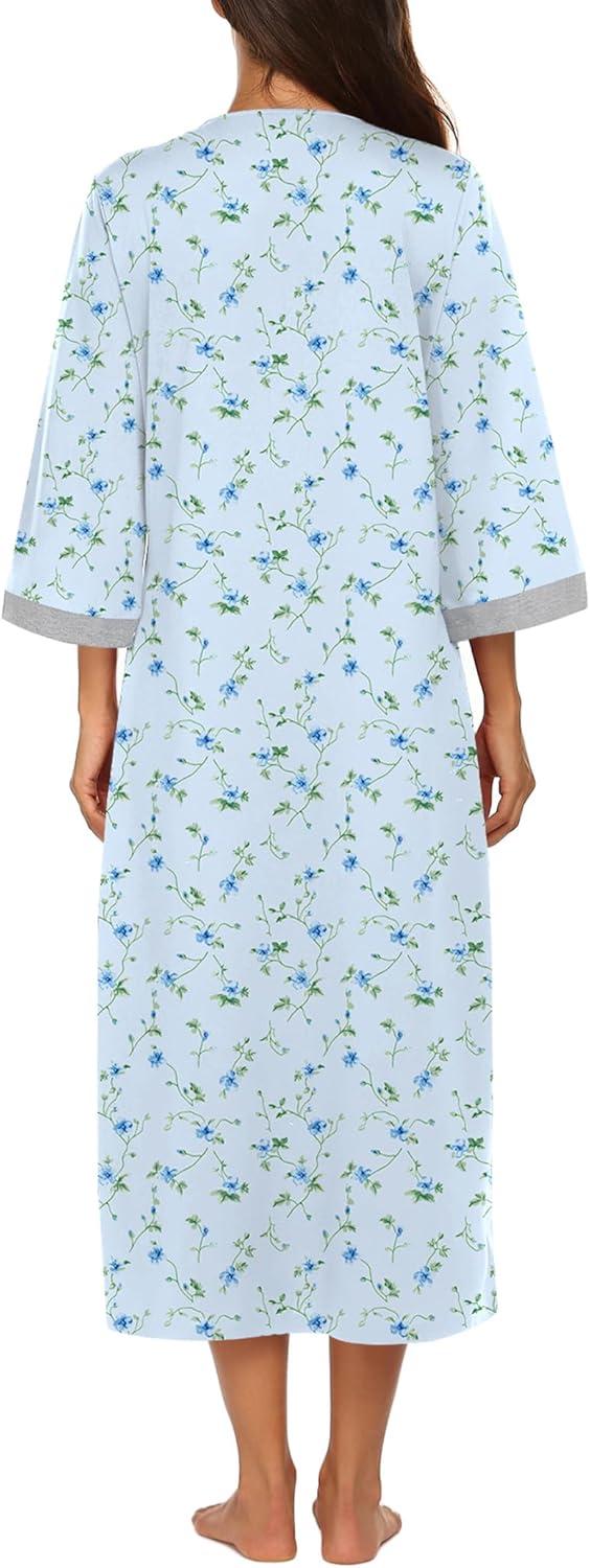 imageEkouaer Women Zipper Robe 34 Sleeves Loungewear Dress Full Length Sleepwear Pockets Housecoat Nightgown Long BathrobeGarden Blue Floral