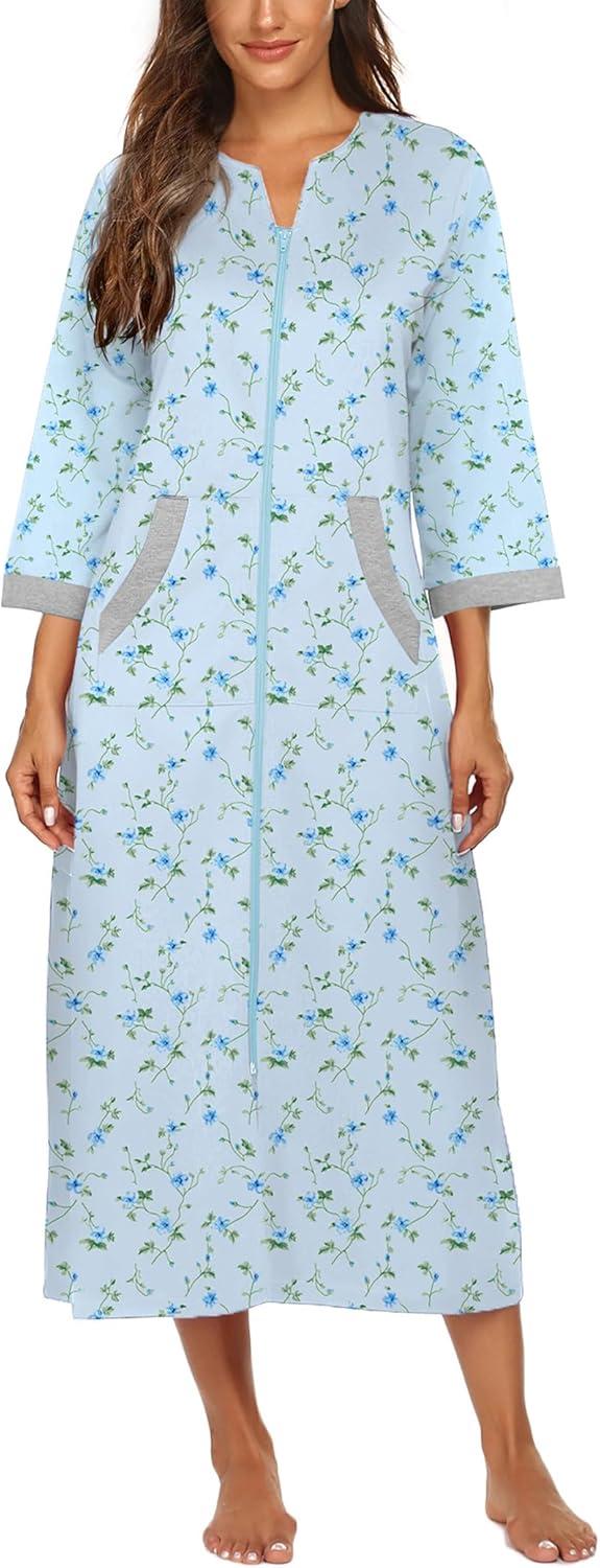 imageEkouaer Women Zipper Robe 34 Sleeves Loungewear Dress Full Length Sleepwear Pockets Housecoat Nightgown Long BathrobeGarden Blue Floral