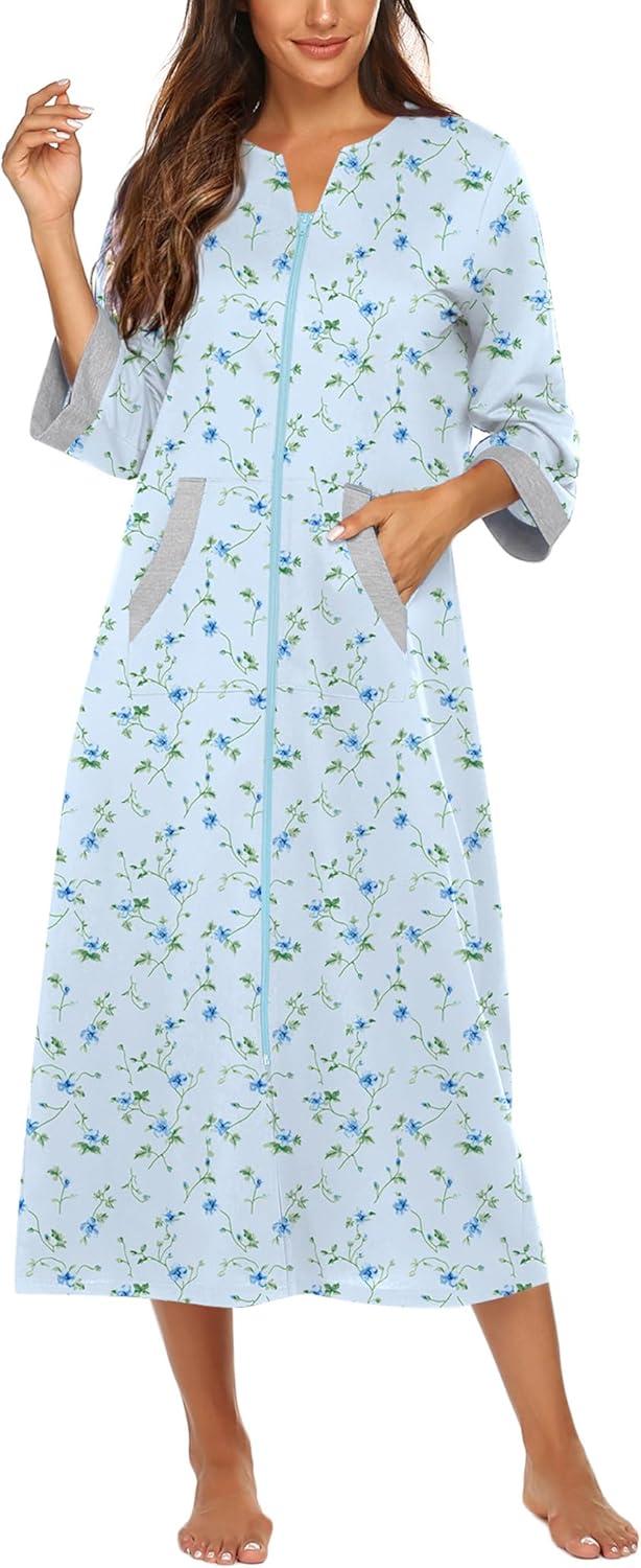 imageEkouaer Women Zipper Robe 34 Sleeves Loungewear Dress Full Length Sleepwear Pockets Housecoat Nightgown Long BathrobeGarden Blue Floral