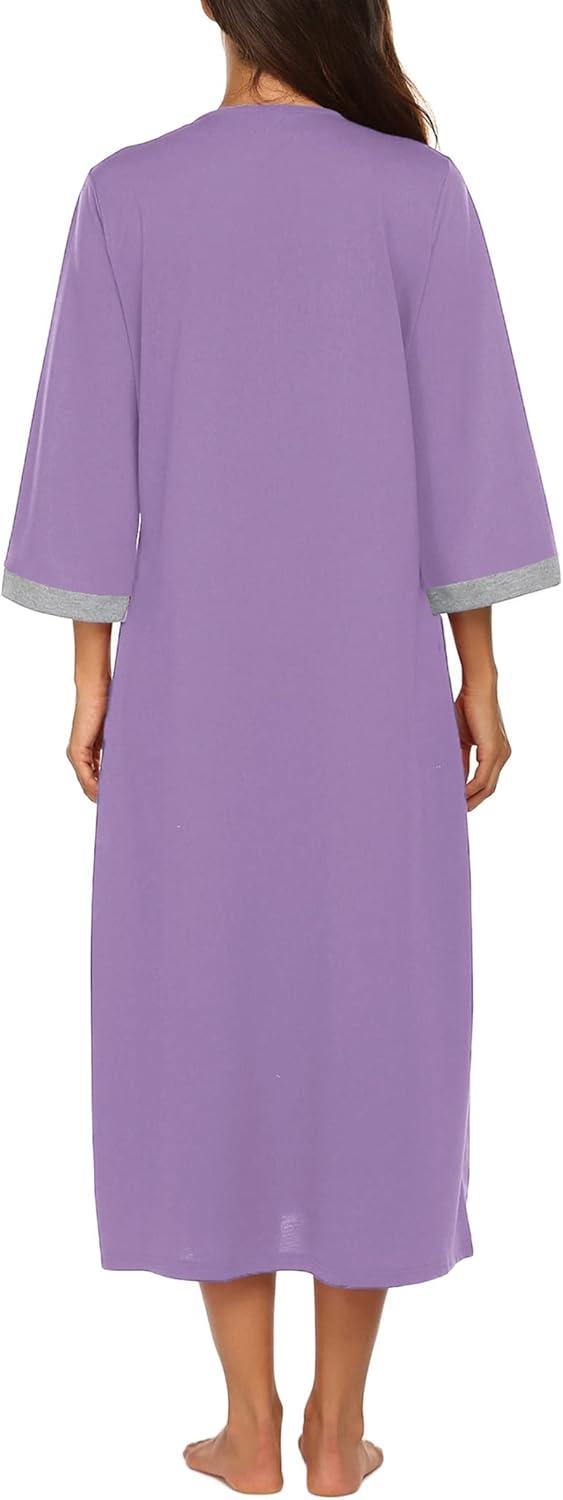 imageEkouaer Women Zipper Robe 34 Sleeves Loungewear Dress Full Length Sleepwear Pockets Housecoat Nightgown Long BathrobePurple