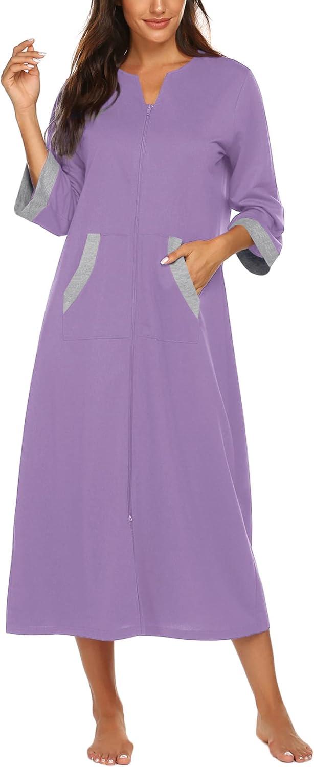 imageEkouaer Women Zipper Robe 34 Sleeves Loungewear Dress Full Length Sleepwear Pockets Housecoat Nightgown Long BathrobePurple