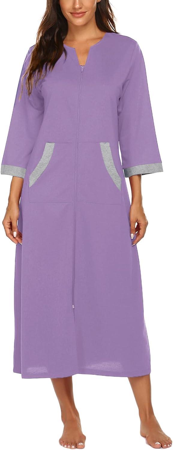 imageEkouaer Women Zipper Robe 34 Sleeves Loungewear Dress Full Length Sleepwear Pockets Housecoat Nightgown Long BathrobePurple