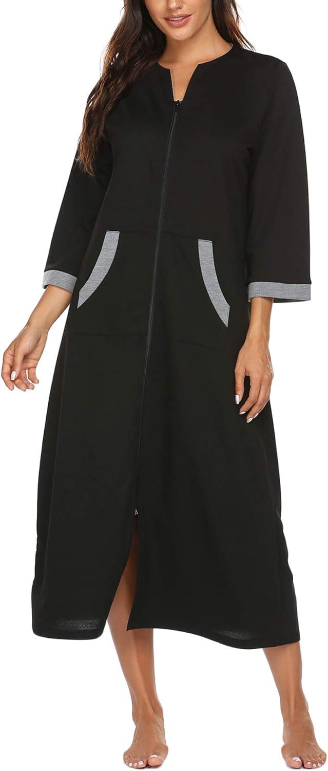 imageEkouaer Women Zipper Robe 34 Sleeves Loungewear Dress Full Length Sleepwear Pockets Housecoat Nightgown Long BathrobeStyle 1black