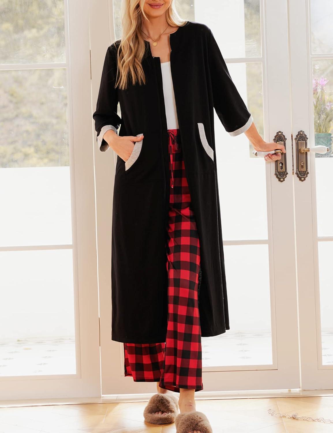 imageEkouaer Women Zipper Robe 34 Sleeves Loungewear Dress Full Length Sleepwear Pockets Housecoat Nightgown Long BathrobeStyle 1black