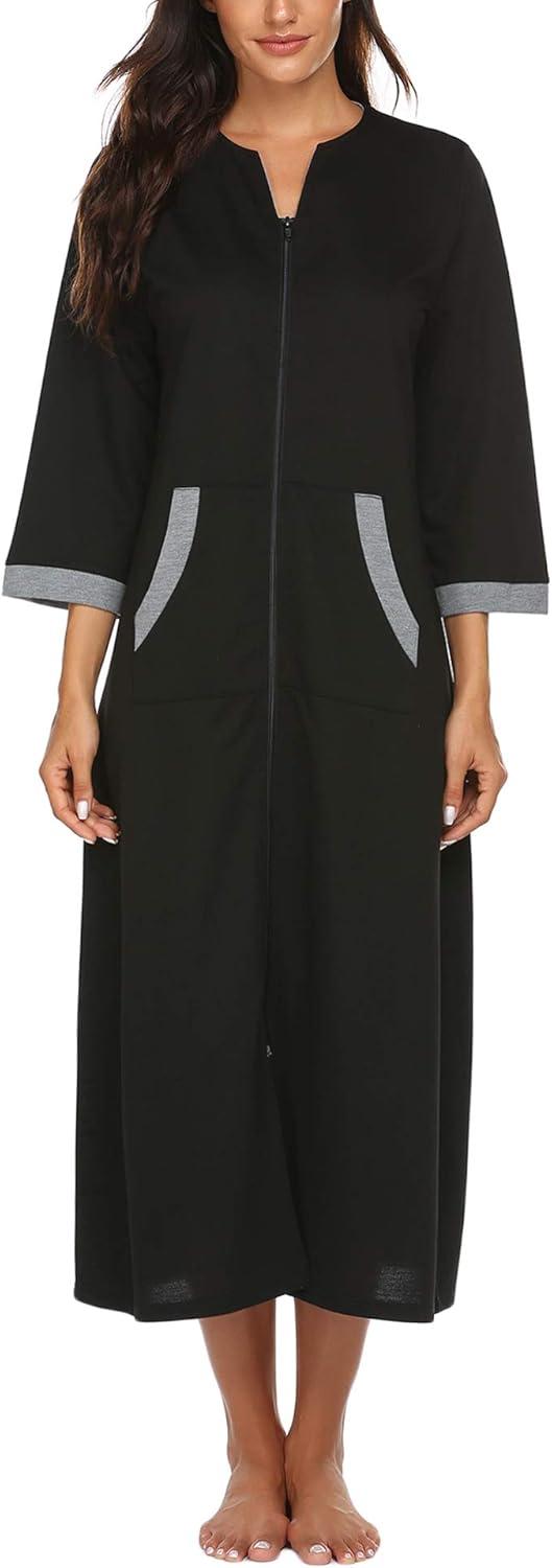 imageEkouaer Women Zipper Robe 34 Sleeves Loungewear Dress Full Length Sleepwear Pockets Housecoat Nightgown Long BathrobeStyle 1black