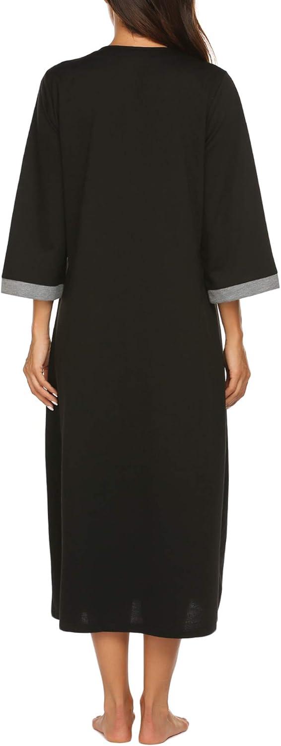 imageEkouaer Women Zipper Robe 34 Sleeves Loungewear Dress Full Length Sleepwear Pockets Housecoat Nightgown Long BathrobeStyle 1black