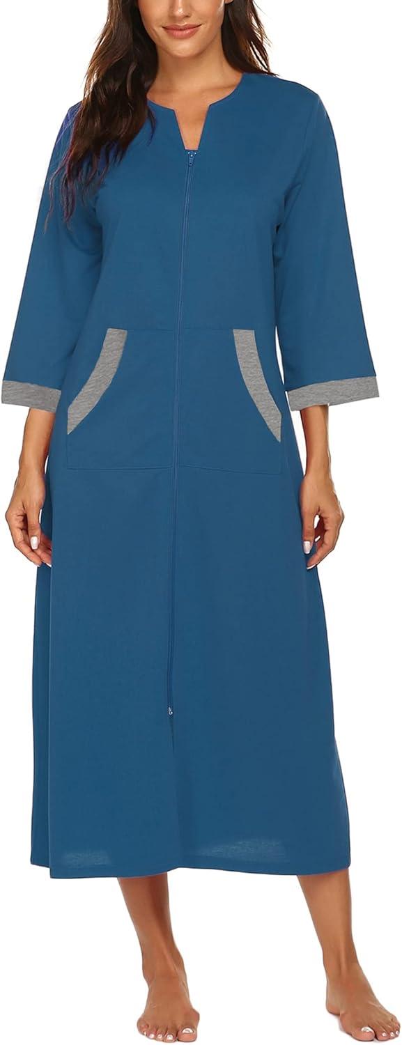 imageEkouaer Women Zipper Robe 34 Sleeves Loungewear Dress Full Length Sleepwear Pockets Housecoat Nightgown Long BathrobeStyle 1blue
