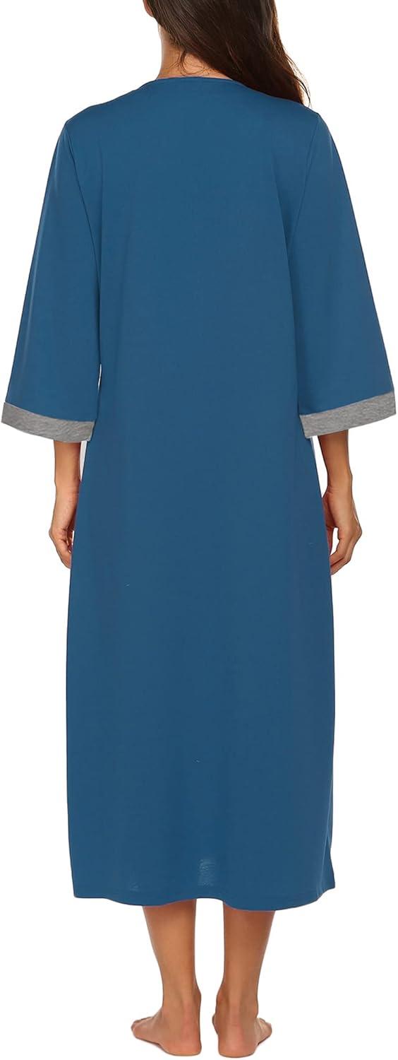 imageEkouaer Women Zipper Robe 34 Sleeves Loungewear Dress Full Length Sleepwear Pockets Housecoat Nightgown Long BathrobeStyle 1blue