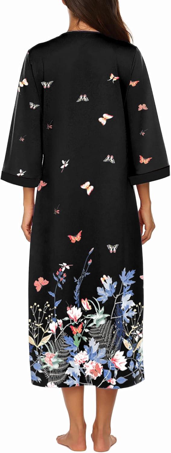 imageEkouaer Women Zipper Robe 34 Sleeves Loungewear Dress Full Length Sleepwear Pockets Housecoat Nightgown Long BathrobeStyle 1butterfly Floral