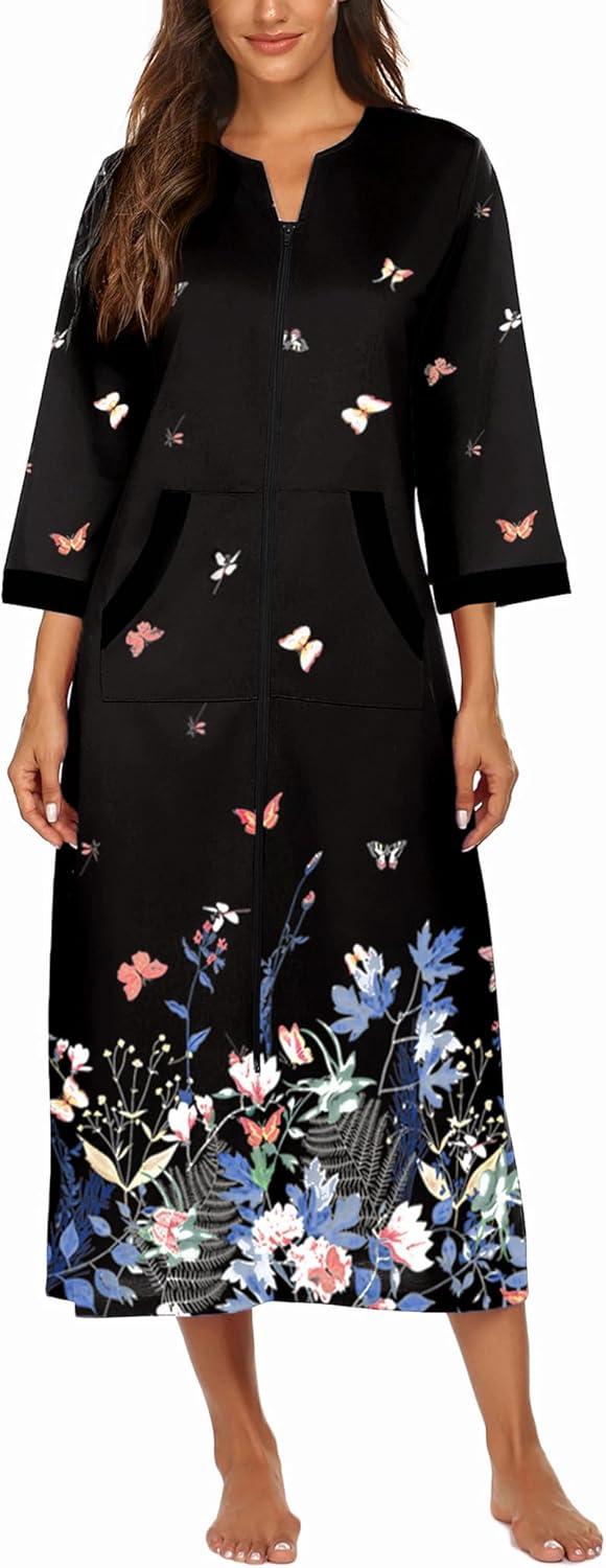 imageEkouaer Women Zipper Robe 34 Sleeves Loungewear Dress Full Length Sleepwear Pockets Housecoat Nightgown Long BathrobeStyle 1butterfly Floral