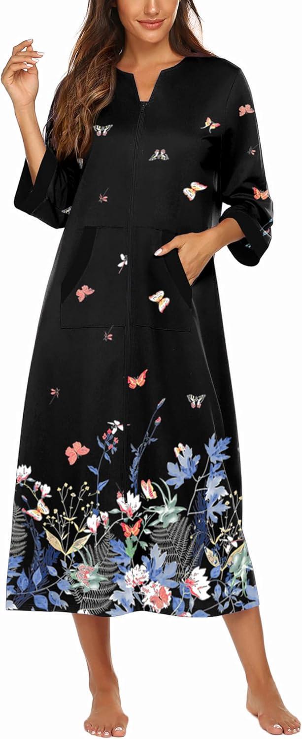 imageEkouaer Women Zipper Robe 34 Sleeves Loungewear Dress Full Length Sleepwear Pockets Housecoat Nightgown Long BathrobeStyle 1butterfly Floral