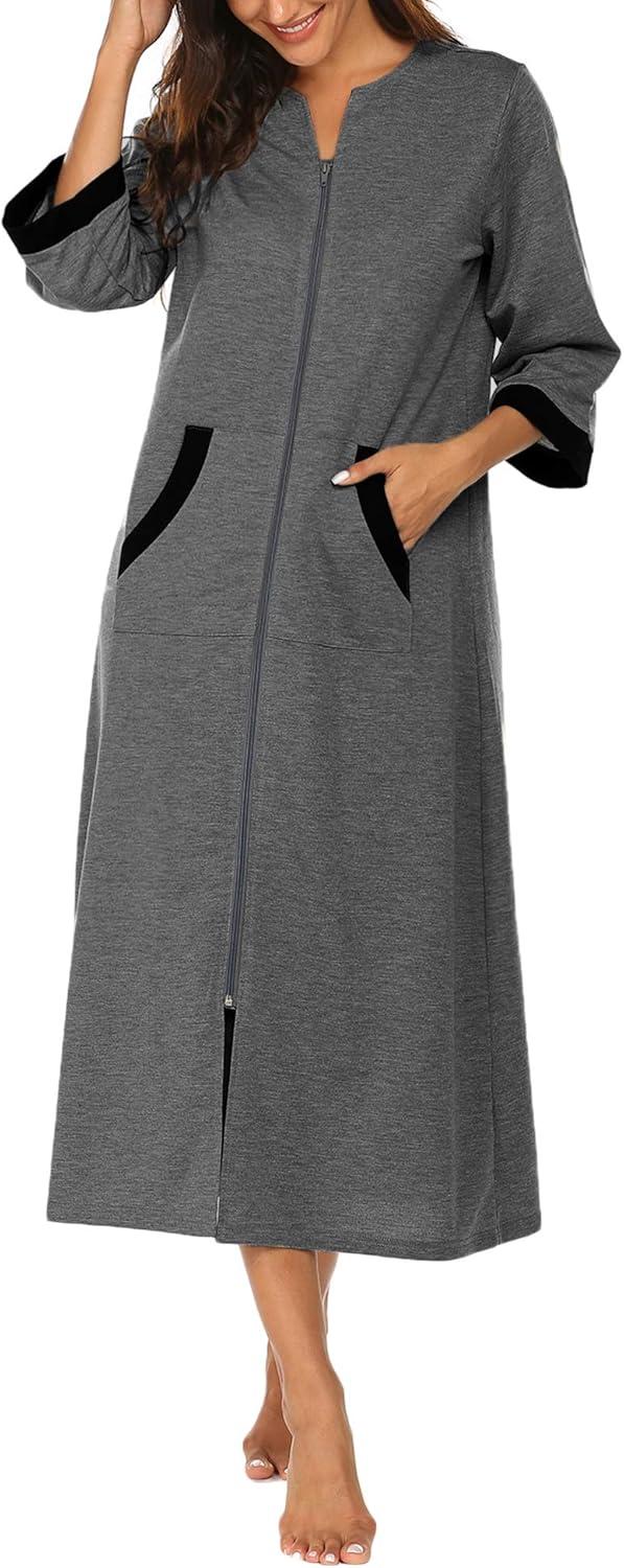 imageEkouaer Women Zipper Robe 34 Sleeves Loungewear Dress Full Length Sleepwear Pockets Housecoat Nightgown Long BathrobeStyle 1dark Grey