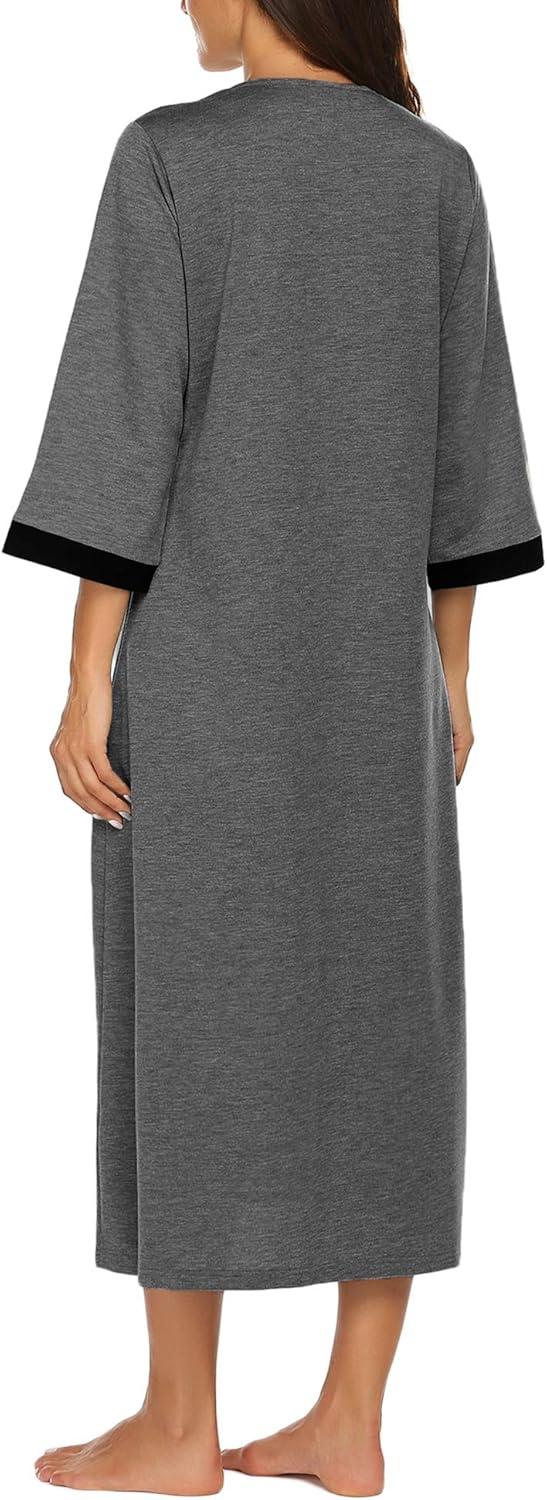 imageEkouaer Women Zipper Robe 34 Sleeves Loungewear Dress Full Length Sleepwear Pockets Housecoat Nightgown Long BathrobeStyle 1dark Grey