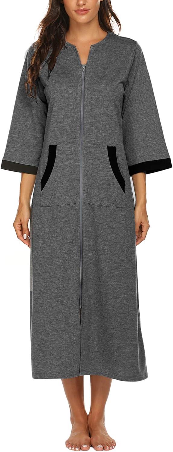 imageEkouaer Women Zipper Robe 34 Sleeves Loungewear Dress Full Length Sleepwear Pockets Housecoat Nightgown Long BathrobeStyle 1dark Grey