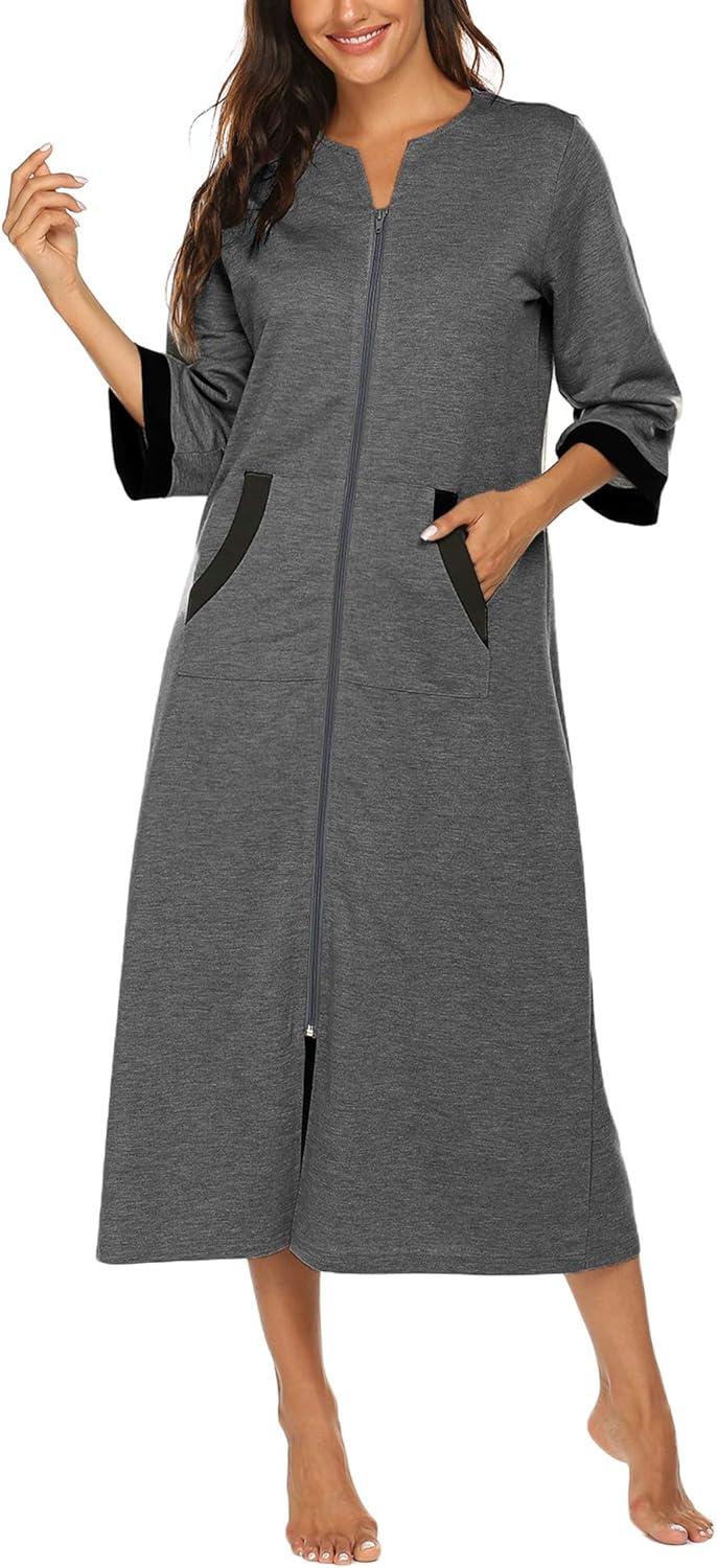 imageEkouaer Women Zipper Robe 34 Sleeves Loungewear Dress Full Length Sleepwear Pockets Housecoat Nightgown Long BathrobeStyle 1dark Grey
