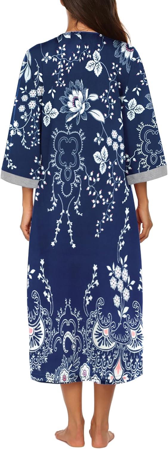 imageEkouaer Women Zipper Robe 34 Sleeves Loungewear Dress Full Length Sleepwear Pockets Housecoat Nightgown Long BathrobeStyle 1evening Blue Vines