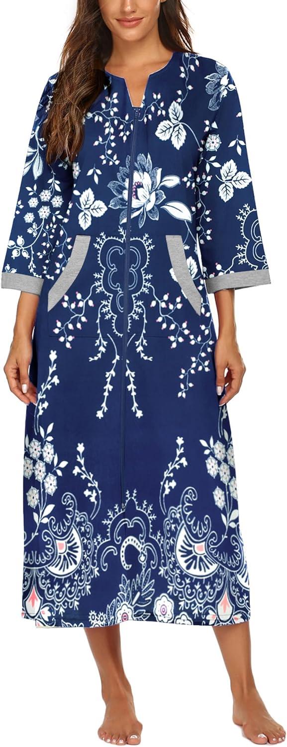 imageEkouaer Women Zipper Robe 34 Sleeves Loungewear Dress Full Length Sleepwear Pockets Housecoat Nightgown Long BathrobeStyle 1evening Blue Vines