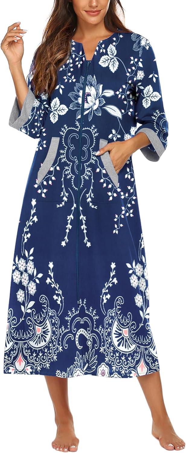imageEkouaer Women Zipper Robe 34 Sleeves Loungewear Dress Full Length Sleepwear Pockets Housecoat Nightgown Long BathrobeStyle 1evening Blue Vines