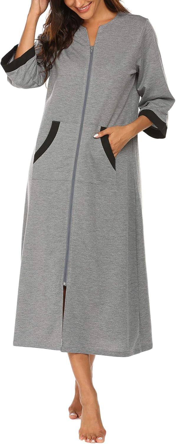 imageEkouaer Women Zipper Robe 34 Sleeves Loungewear Dress Full Length Sleepwear Pockets Housecoat Nightgown Long BathrobeStyle 1grey