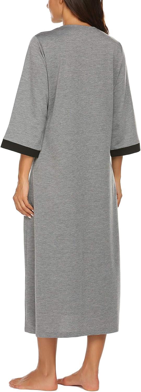 imageEkouaer Women Zipper Robe 34 Sleeves Loungewear Dress Full Length Sleepwear Pockets Housecoat Nightgown Long BathrobeStyle 1grey