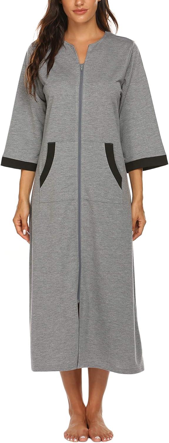 imageEkouaer Women Zipper Robe 34 Sleeves Loungewear Dress Full Length Sleepwear Pockets Housecoat Nightgown Long BathrobeStyle 1grey