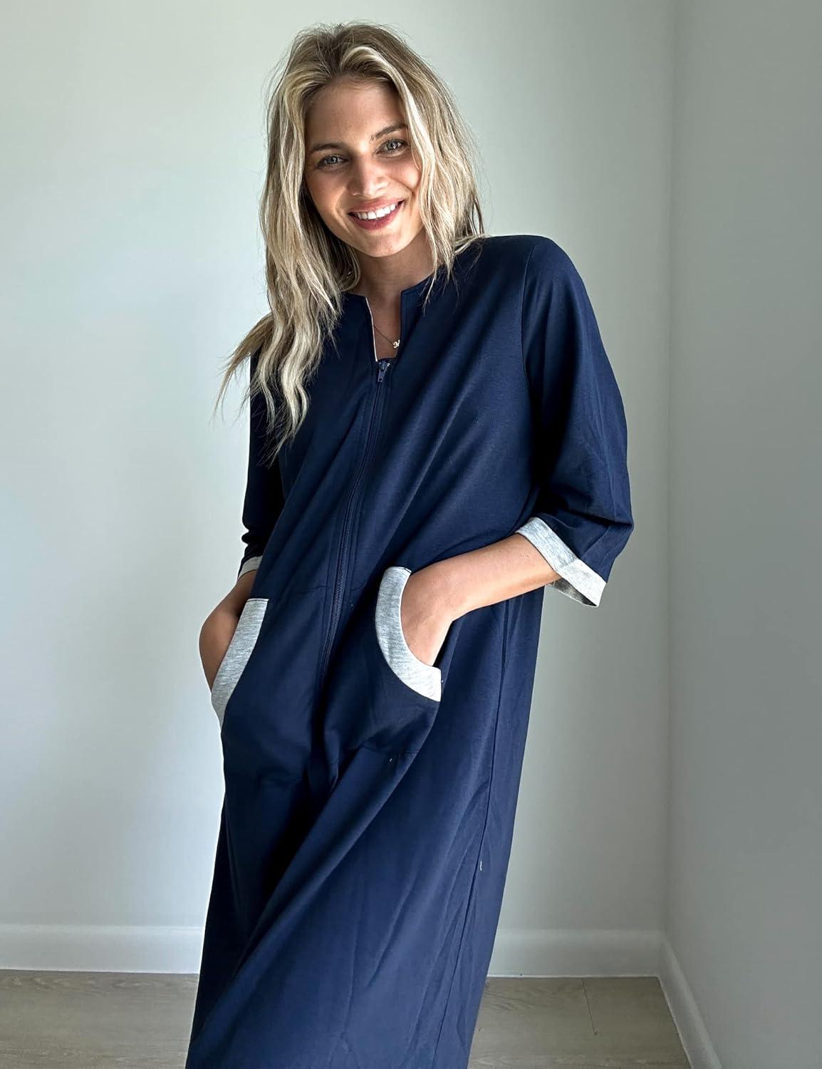 imageEkouaer Women Zipper Robe 34 Sleeves Loungewear Dress Full Length Sleepwear Pockets Housecoat Nightgown Long BathrobeStyle 1navy