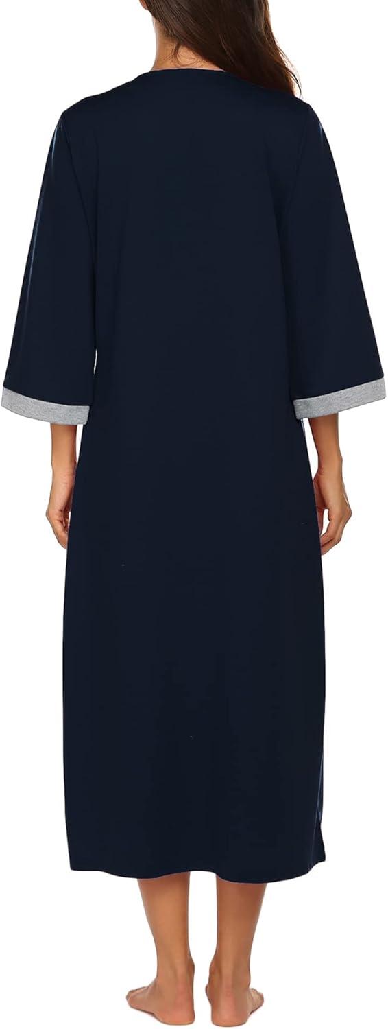 imageEkouaer Women Zipper Robe 34 Sleeves Loungewear Dress Full Length Sleepwear Pockets Housecoat Nightgown Long BathrobeStyle 1navy