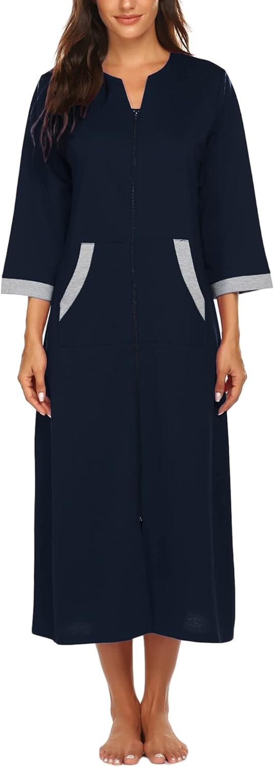 imageEkouaer Women Zipper Robe 34 Sleeves Loungewear Dress Full Length Sleepwear Pockets Housecoat Nightgown Long BathrobeStyle 1navy