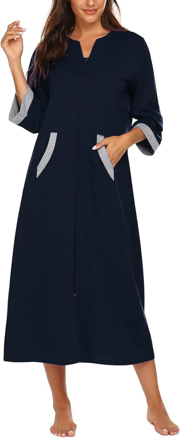 imageEkouaer Women Zipper Robe 34 Sleeves Loungewear Dress Full Length Sleepwear Pockets Housecoat Nightgown Long BathrobeStyle 1navy