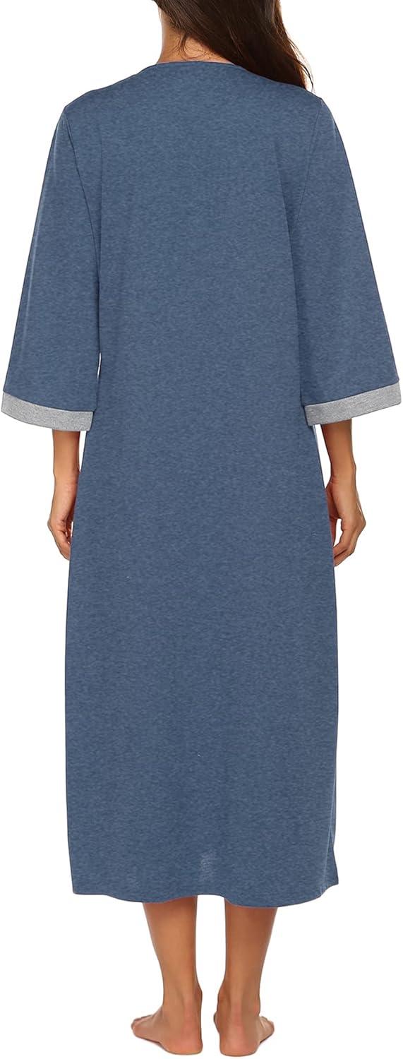 imageEkouaer Women Zipper Robe 34 Sleeves Loungewear Dress Full Length Sleepwear Pockets Housecoat Nightgown Long BathrobeStyle 1navy Blue