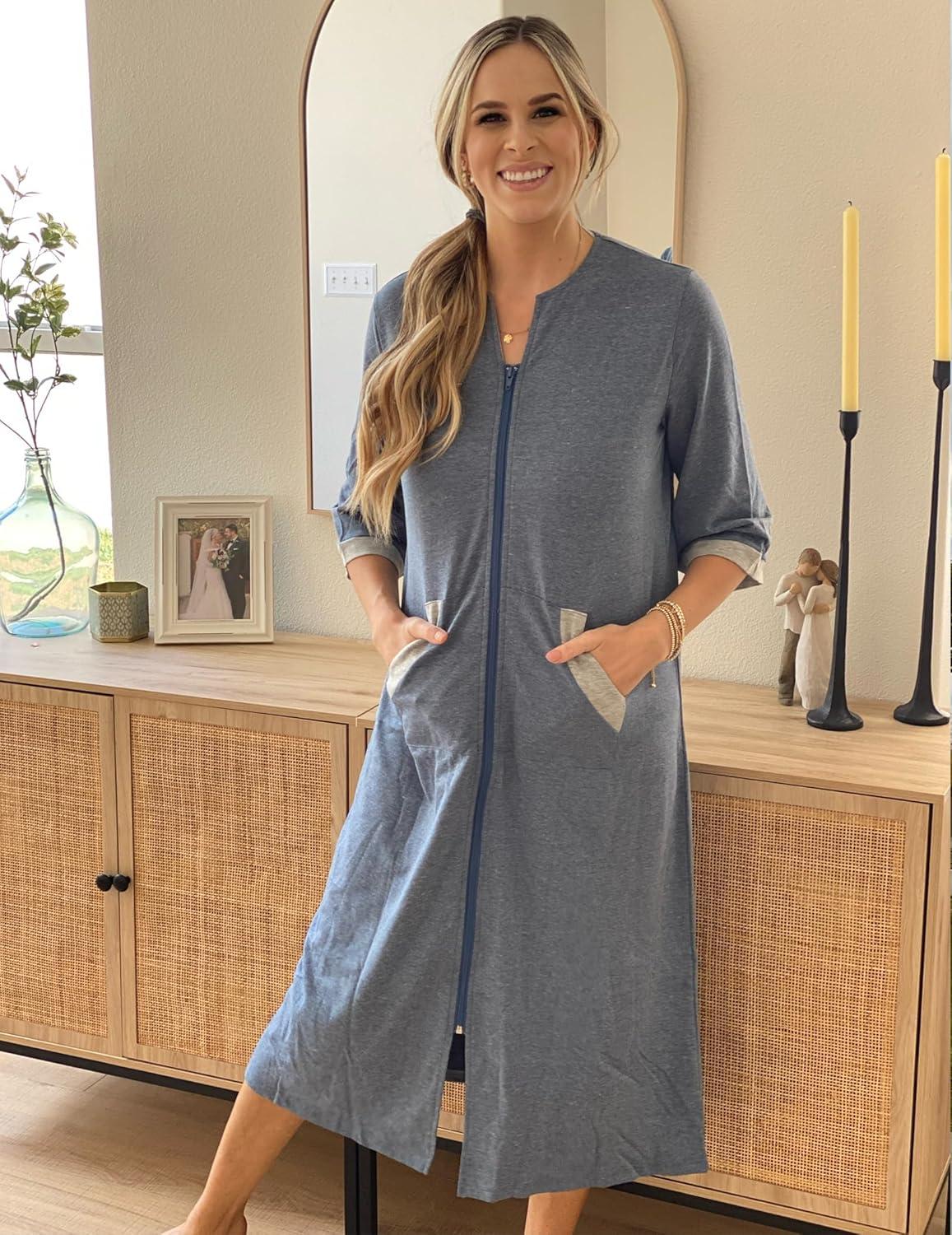 imageEkouaer Women Zipper Robe 34 Sleeves Loungewear Dress Full Length Sleepwear Pockets Housecoat Nightgown Long BathrobeStyle 1navy Blue
