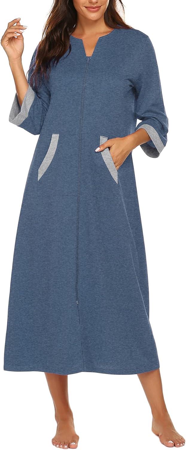 imageEkouaer Women Zipper Robe 34 Sleeves Loungewear Dress Full Length Sleepwear Pockets Housecoat Nightgown Long BathrobeStyle 1navy Blue