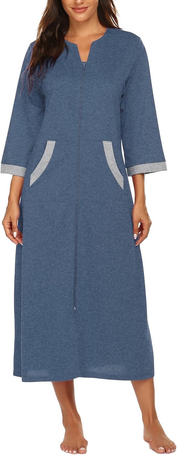 imageEkouaer Women Zipper Robe 34 Sleeves Loungewear Dress Full Length Sleepwear Pockets Housecoat Nightgown Long BathrobeStyle 1navy Blue
