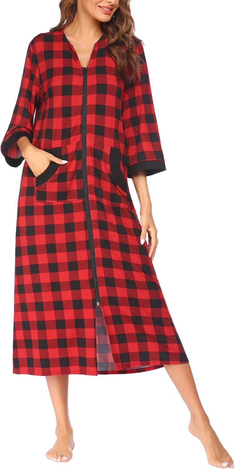 imageEkouaer Women Zipper Robe 34 Sleeves Loungewear Dress Full Length Sleepwear Pockets Housecoat Nightgown Long BathrobeStyle 1pat1
