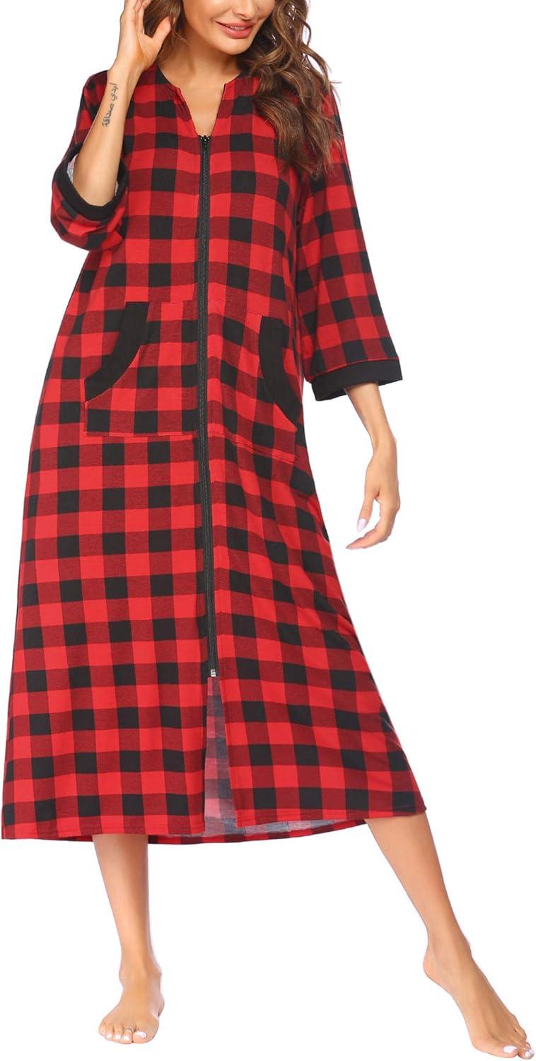 imageEkouaer Women Zipper Robe 34 Sleeves Loungewear Dress Full Length Sleepwear Pockets Housecoat Nightgown Long BathrobeStyle 1pat1