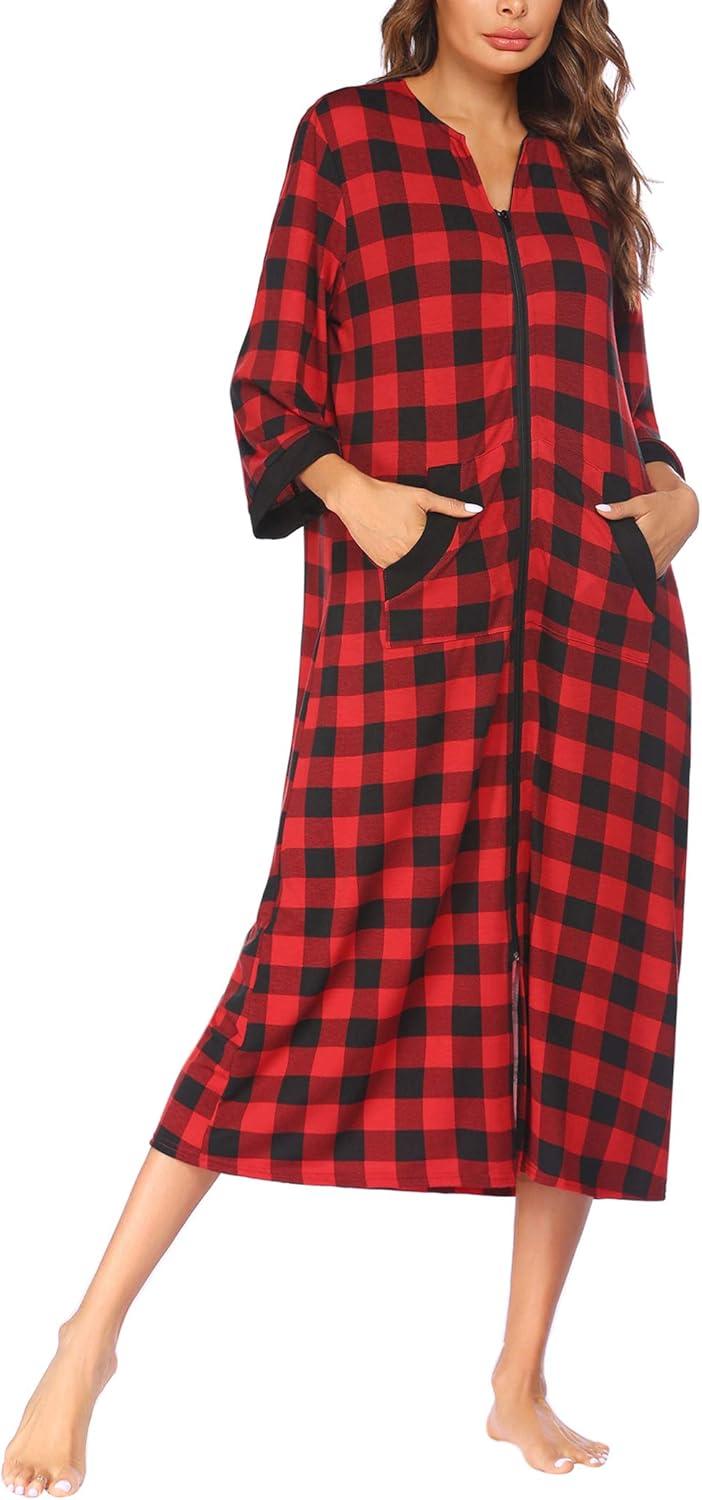 imageEkouaer Women Zipper Robe 34 Sleeves Loungewear Dress Full Length Sleepwear Pockets Housecoat Nightgown Long BathrobeStyle 1pat1