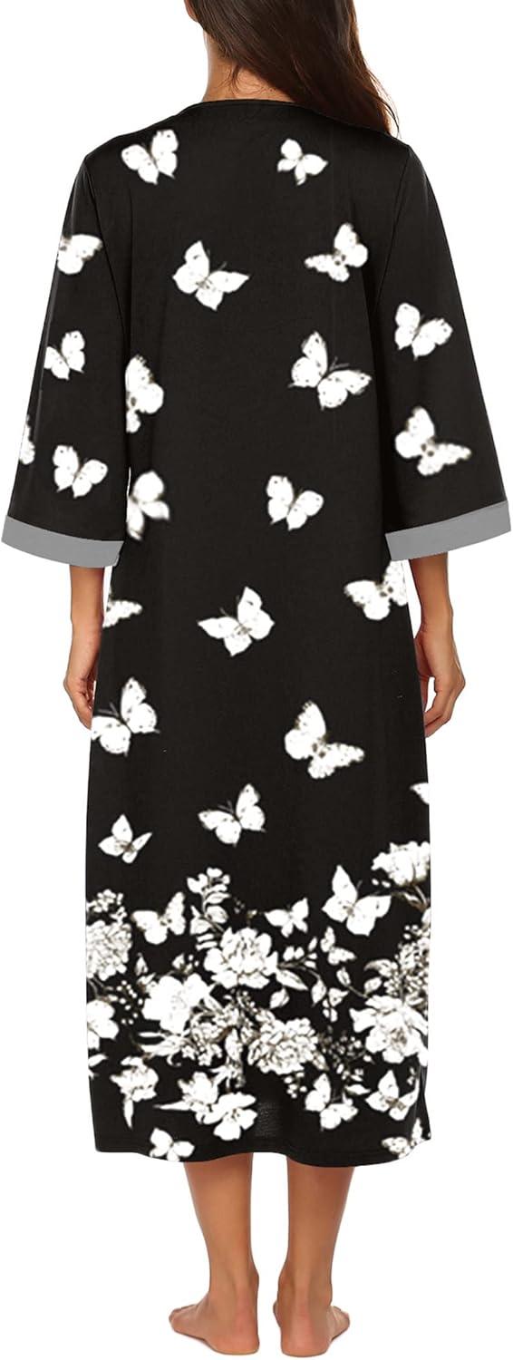 imageEkouaer Women Zipper Robe 34 Sleeves Loungewear Dress Full Length Sleepwear Pockets Housecoat Nightgown Long BathrobeStyle 1pat10