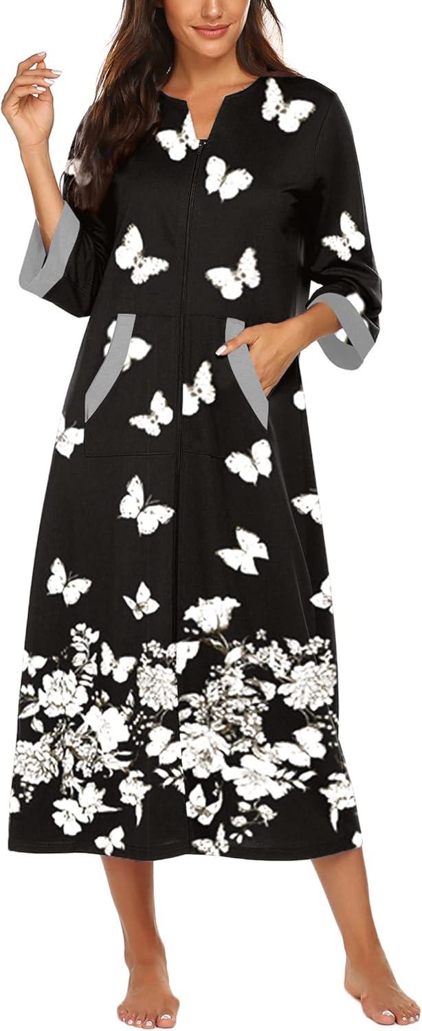 imageEkouaer Women Zipper Robe 34 Sleeves Loungewear Dress Full Length Sleepwear Pockets Housecoat Nightgown Long BathrobeStyle 1pat10
