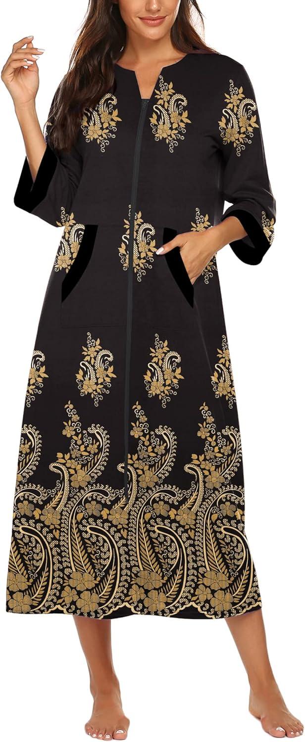 imageEkouaer Women Zipper Robe 34 Sleeves Loungewear Dress Full Length Sleepwear Pockets Housecoat Nightgown Long BathrobeStyle 1pat12