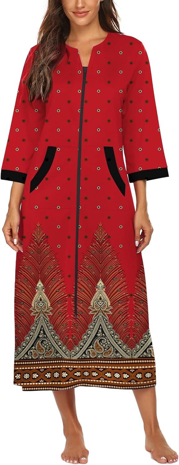 imageEkouaer Women Zipper Robe 34 Sleeves Loungewear Dress Full Length Sleepwear Pockets Housecoat Nightgown Long BathrobeStyle 1pat20