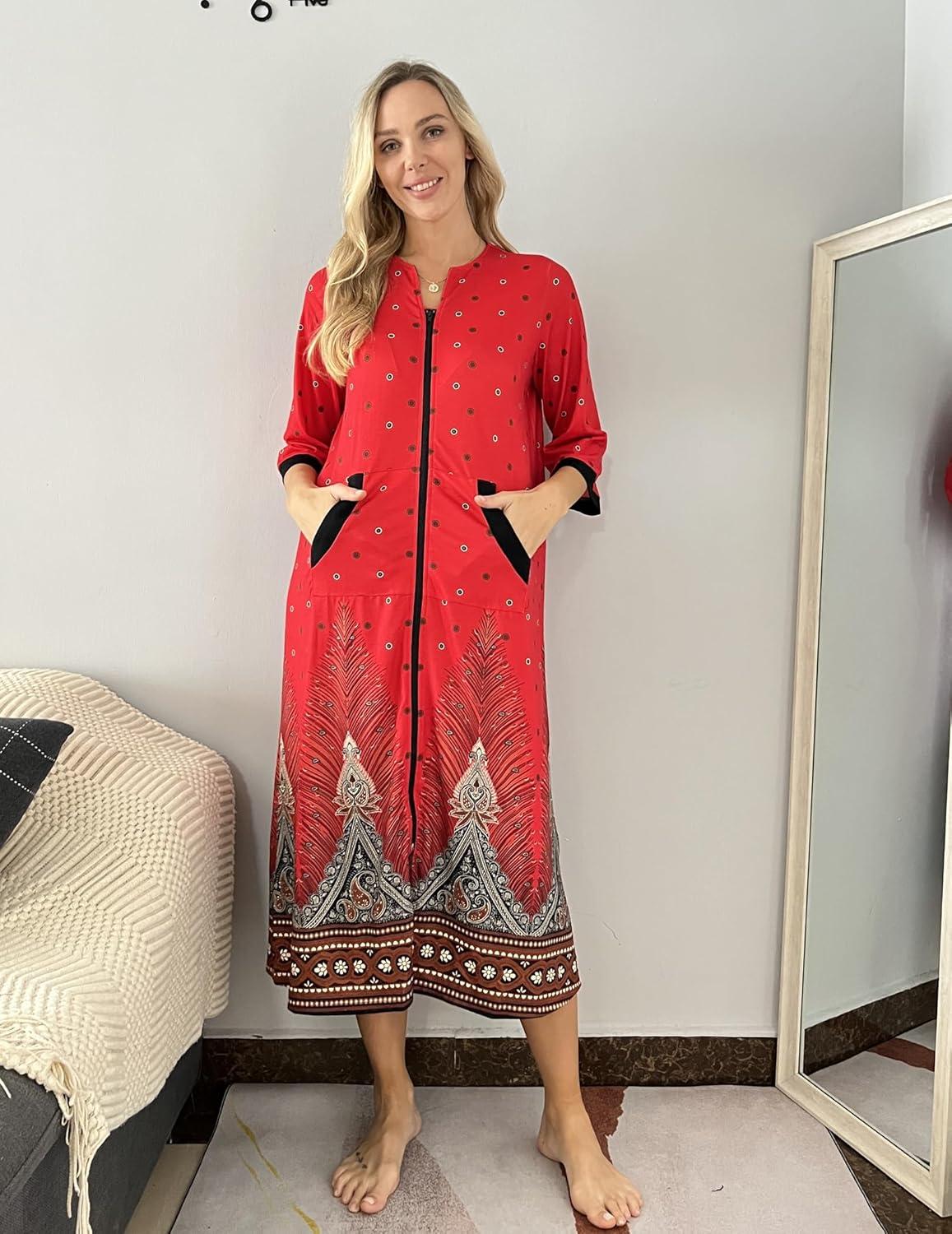 imageEkouaer Women Zipper Robe 34 Sleeves Loungewear Dress Full Length Sleepwear Pockets Housecoat Nightgown Long BathrobeStyle 1pat20