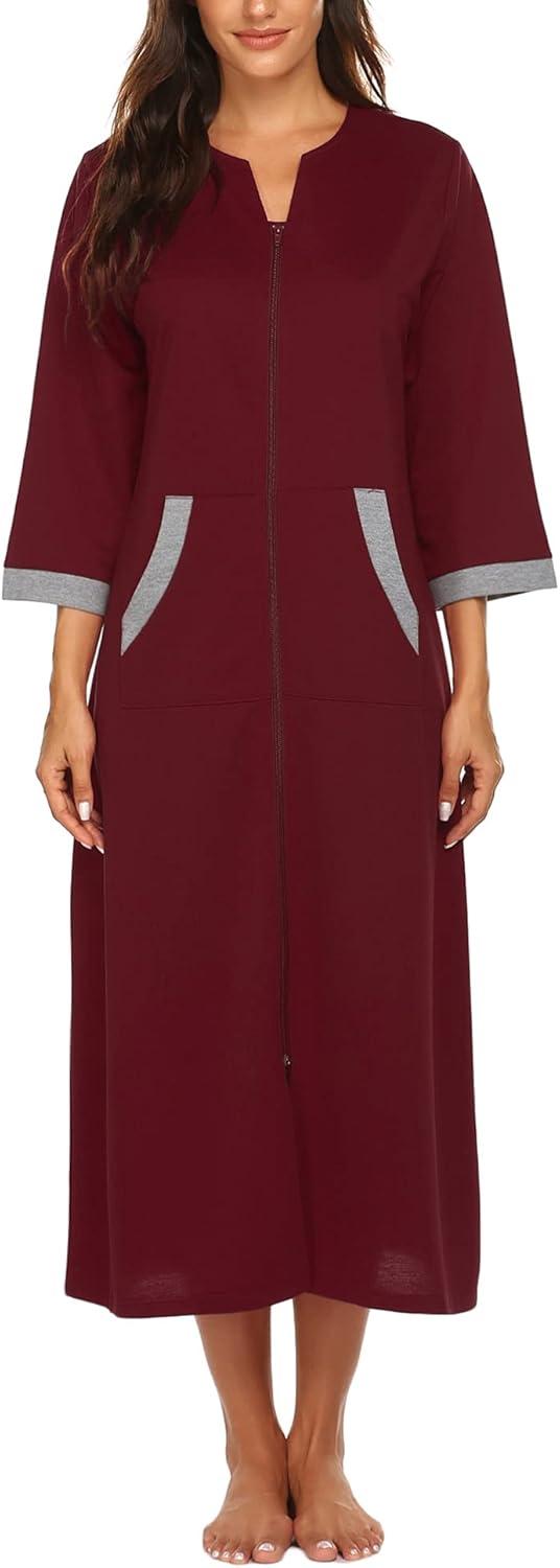 imageEkouaer Women Zipper Robe 34 Sleeves Loungewear Dress Full Length Sleepwear Pockets Housecoat Nightgown Long BathrobeStyle 1wine Red